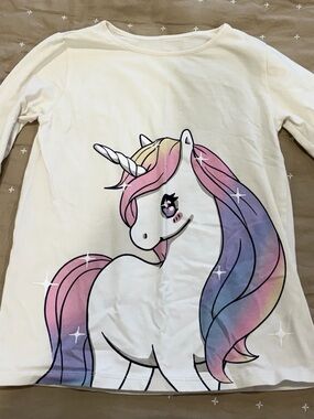Girls White Unicorn Long-Sleeve Top with Pink & Purple Mane
